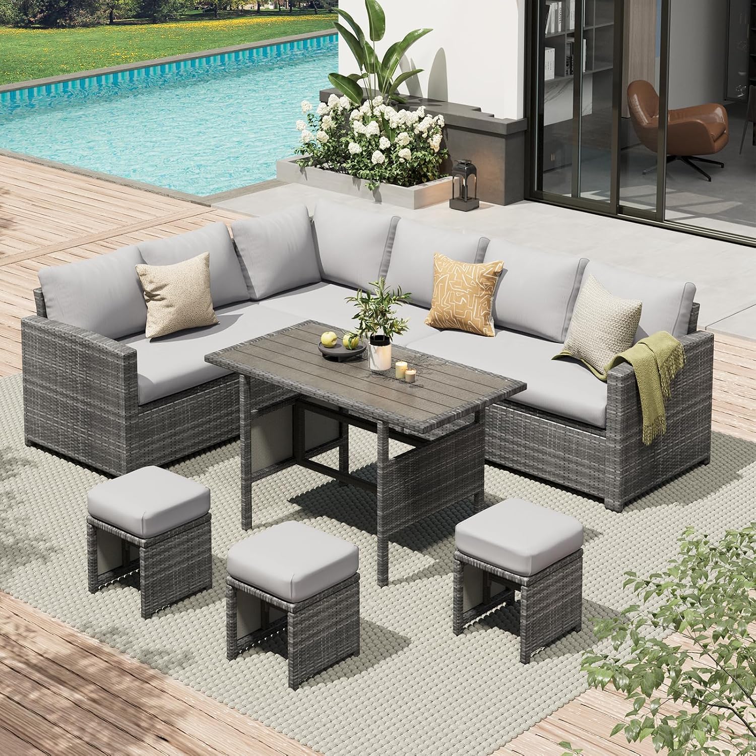 Outdoor Furniture Dining Set - 7-Piece Outdoor Wicker Patio Sectional Sofa