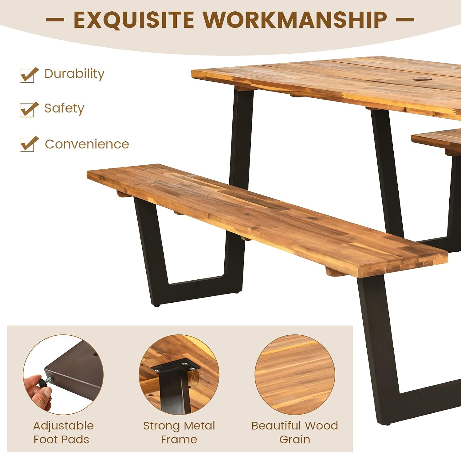 Acacia Wood Picnic Table Bench - Outdoor Furniture Dining Set ulasan dan harga