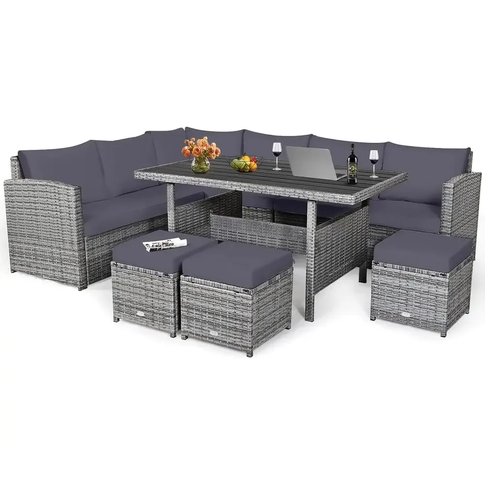 Grey 7-Piece Rattan Patio Furn - Outdoor Furniture Dining Set ulasan dan harga