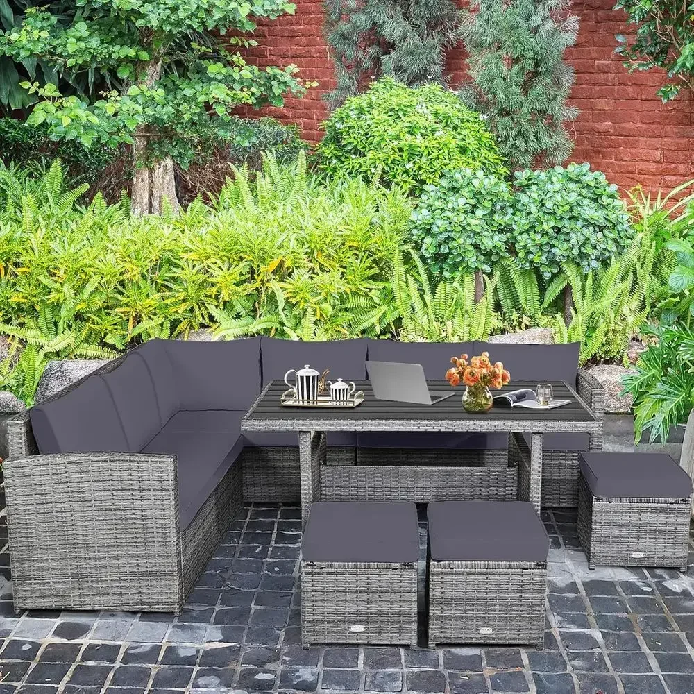 Grey 7-Piece Rattan Patio Furn - Outdoor Furniture Dining Set ulasan dan harga