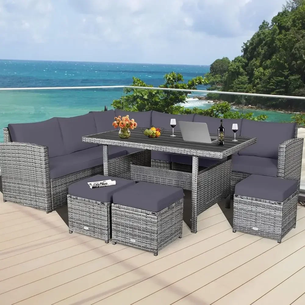 Grey 7-Piece Rattan Patio Furn - Outdoor Furniture Dining Set ulasan dan harga