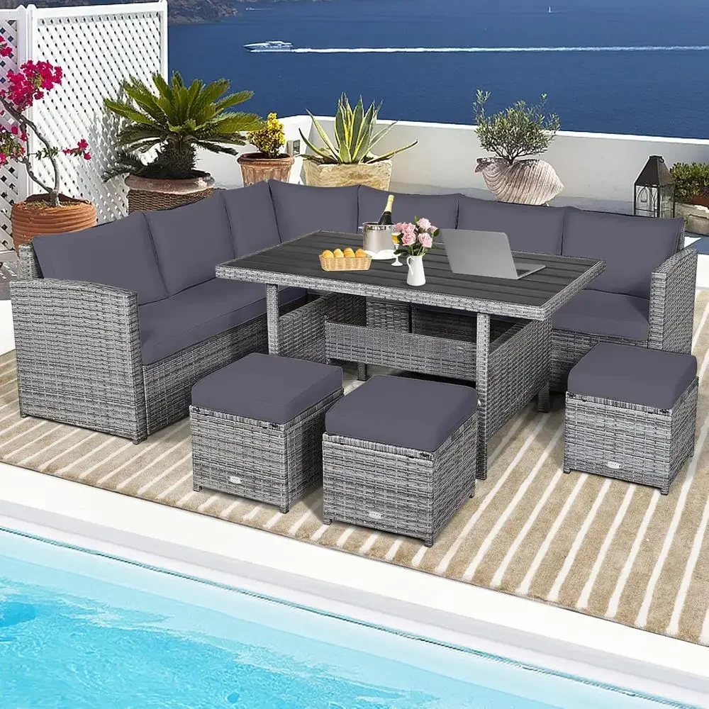 Grey 7-Piece Rattan Patio Furn - Outdoor Furniture Dining Set ulasan dan harga
