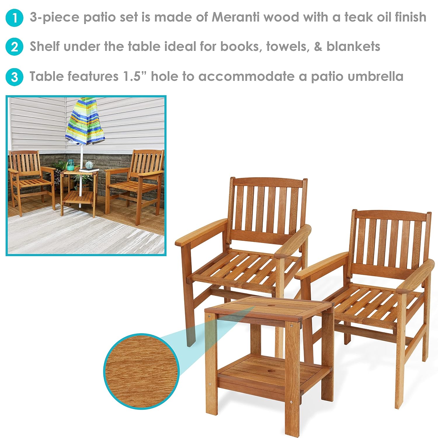 3-Piece Wood Patio Set 2 Chair - Outdoor Furniture Oil Teak ulasan dan harga